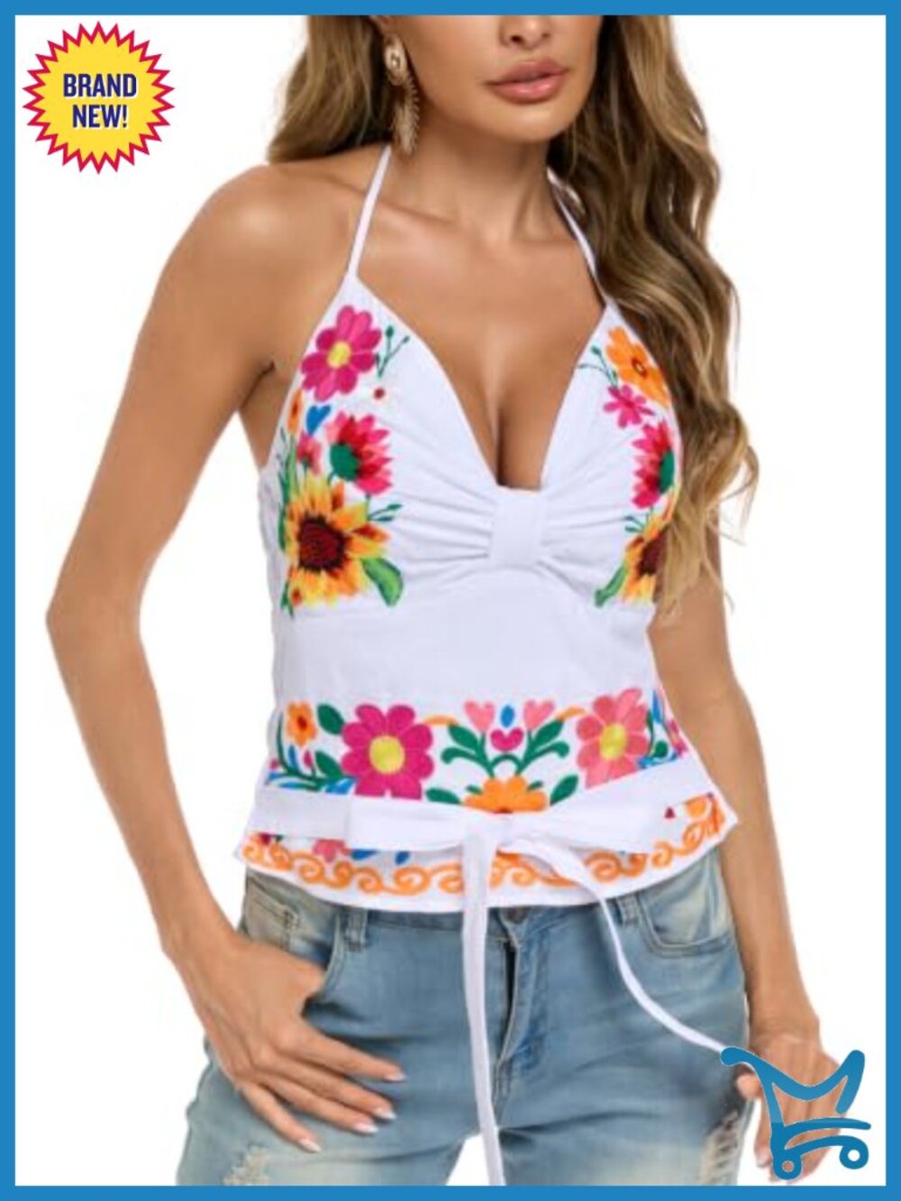 Mexican Embroidered Boho Halter Crop Top Smocked Backless Summer Tank